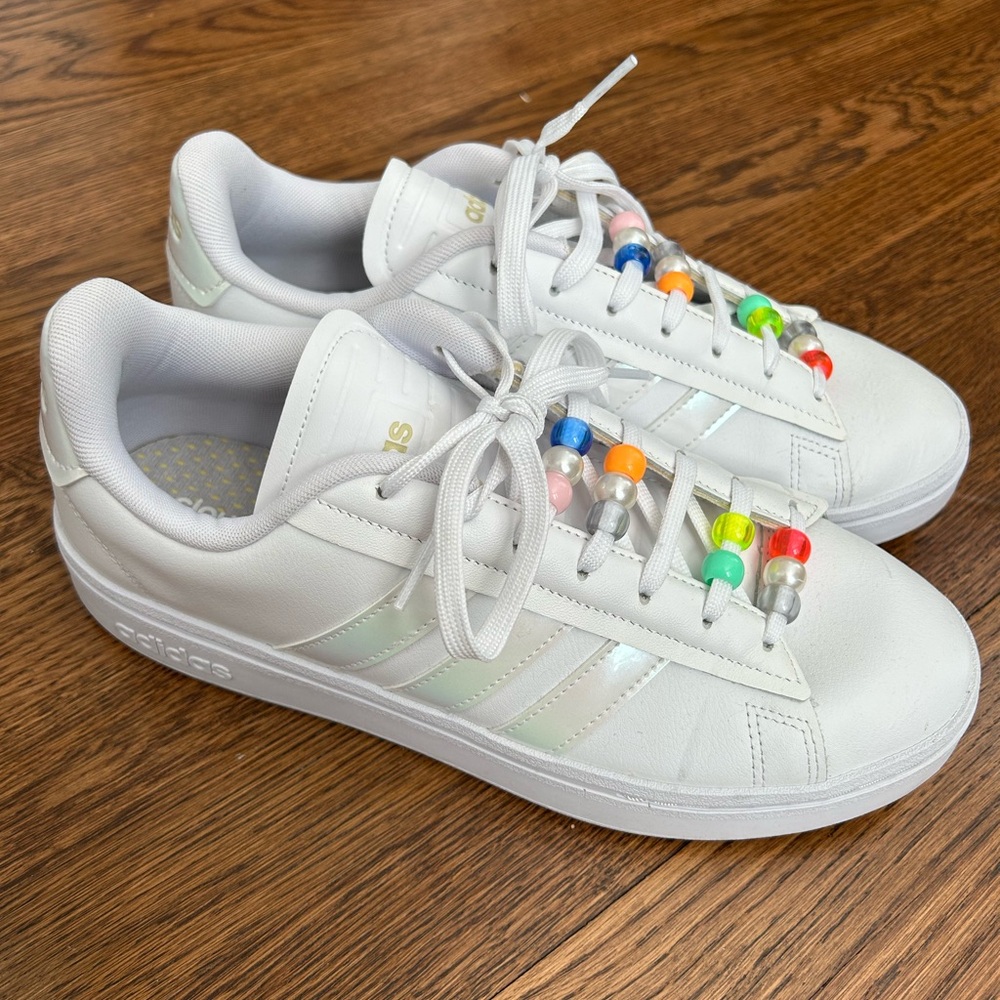 Women’s White Adidas Sneakers with Bead Accents